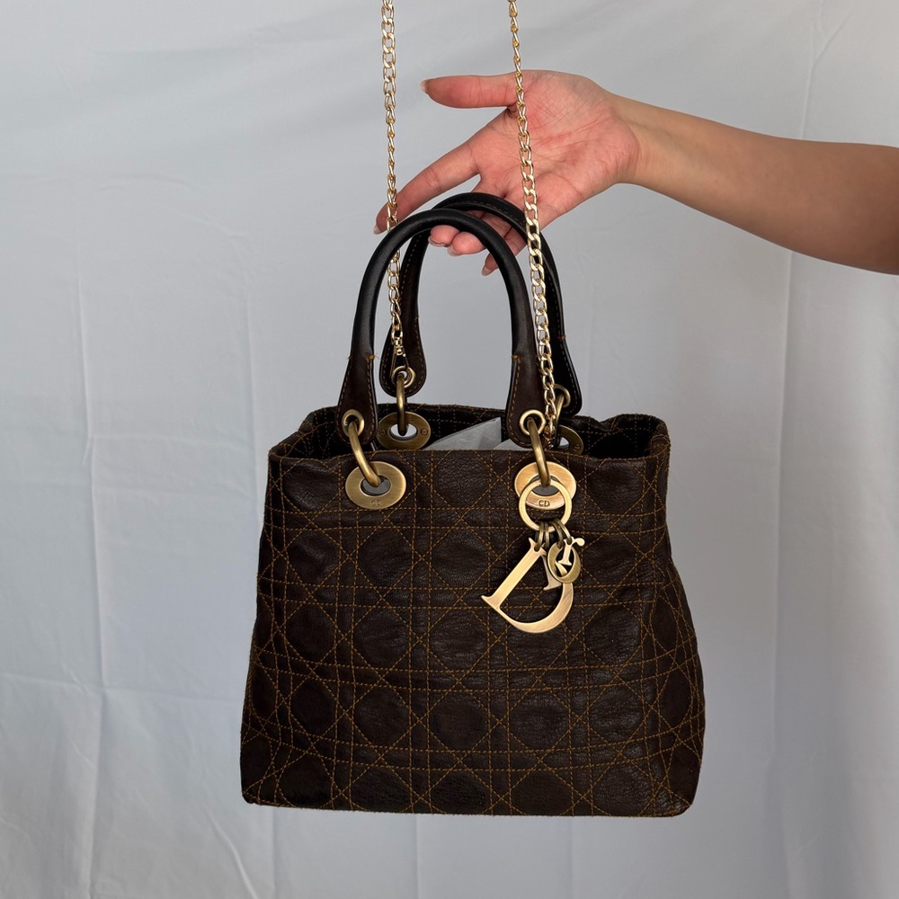 Rare Lady Dior Small Tote Bag in Constract Stitch Cannage Brown Leather - Picture 4 of 15